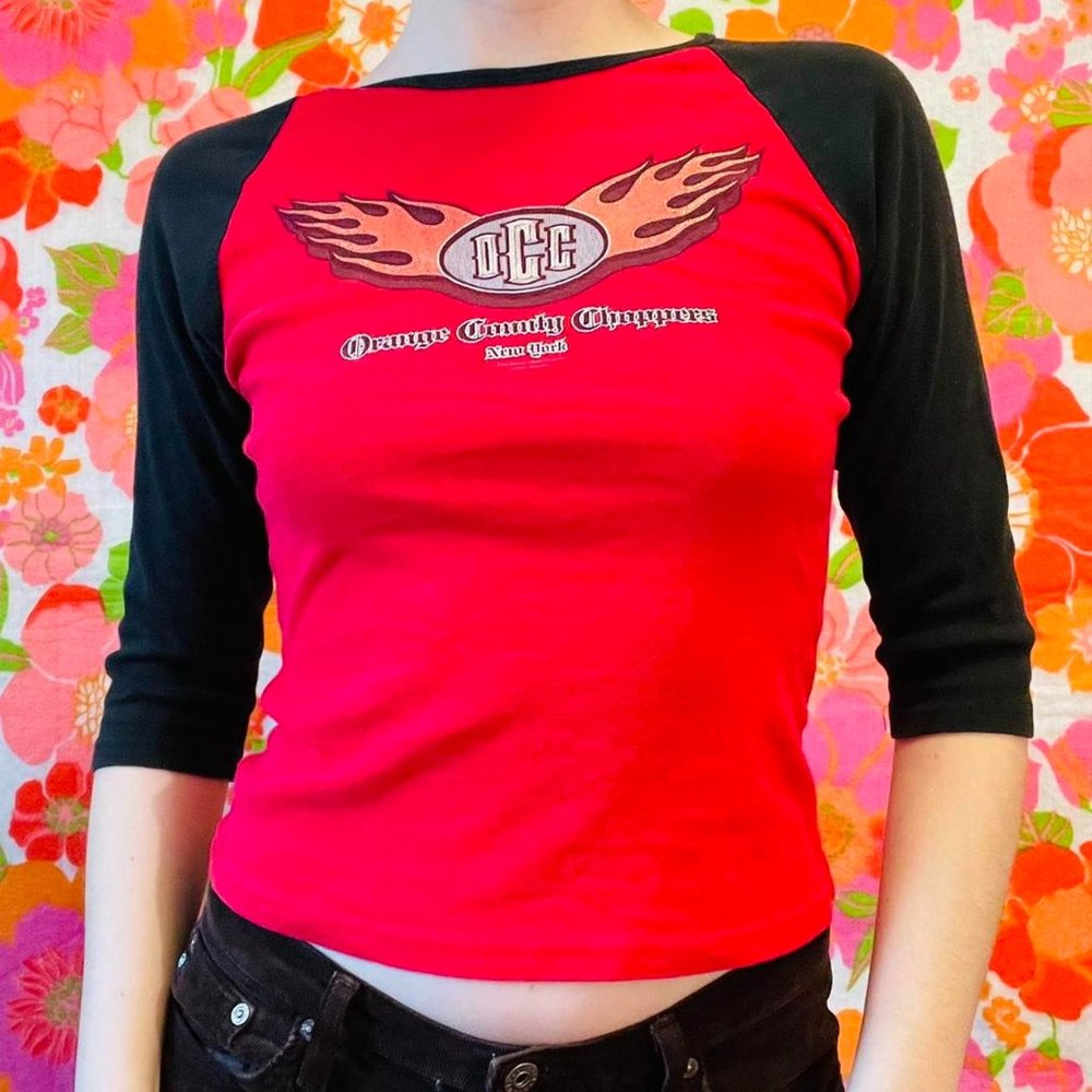 Vintage y2k black and red baseball baby tee from Orange County Choppers
